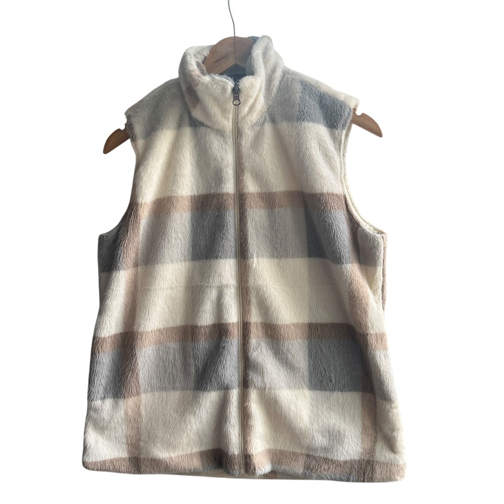 Katydid Fleece Vest Plaid Gray/Cream Winter Warm Cozy Layering Small Outdoor